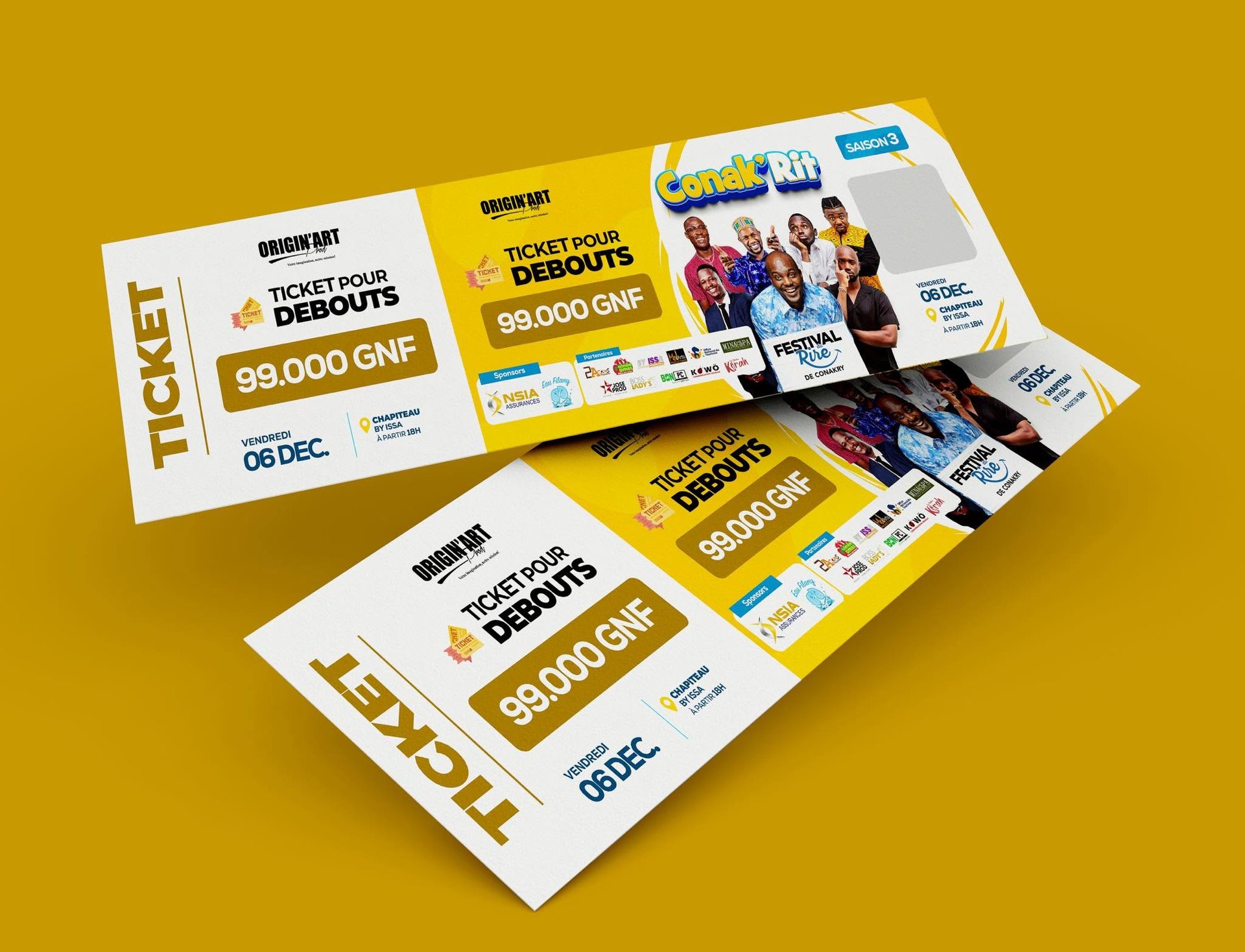 Event ticket design and 3D print mockup for the third season of Conak’Rit, a comedy and entertainment festival in Conakry.
