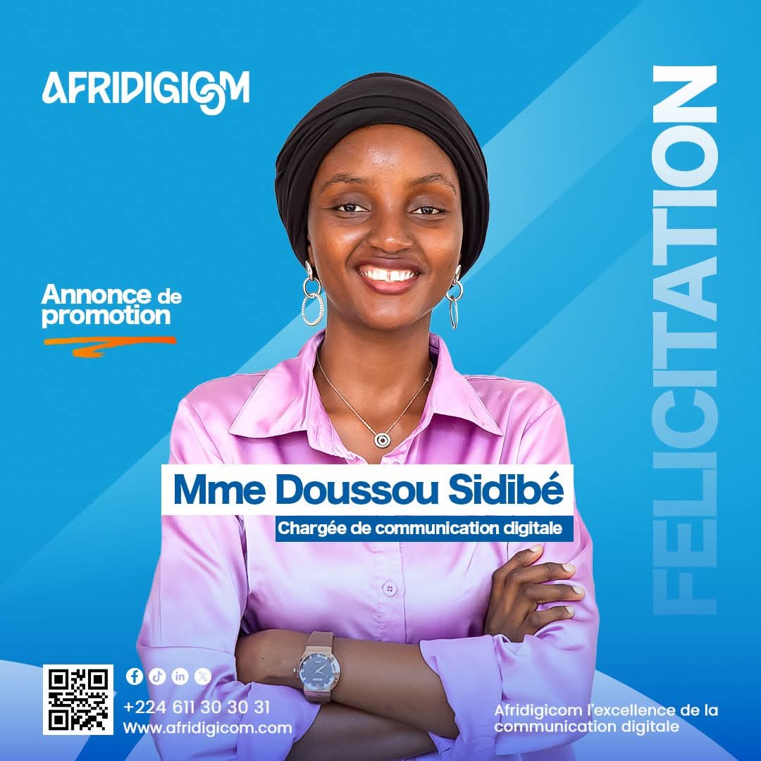Employee promotion announcement featuring a professional portrait, new position, company contact information and corporate branding.