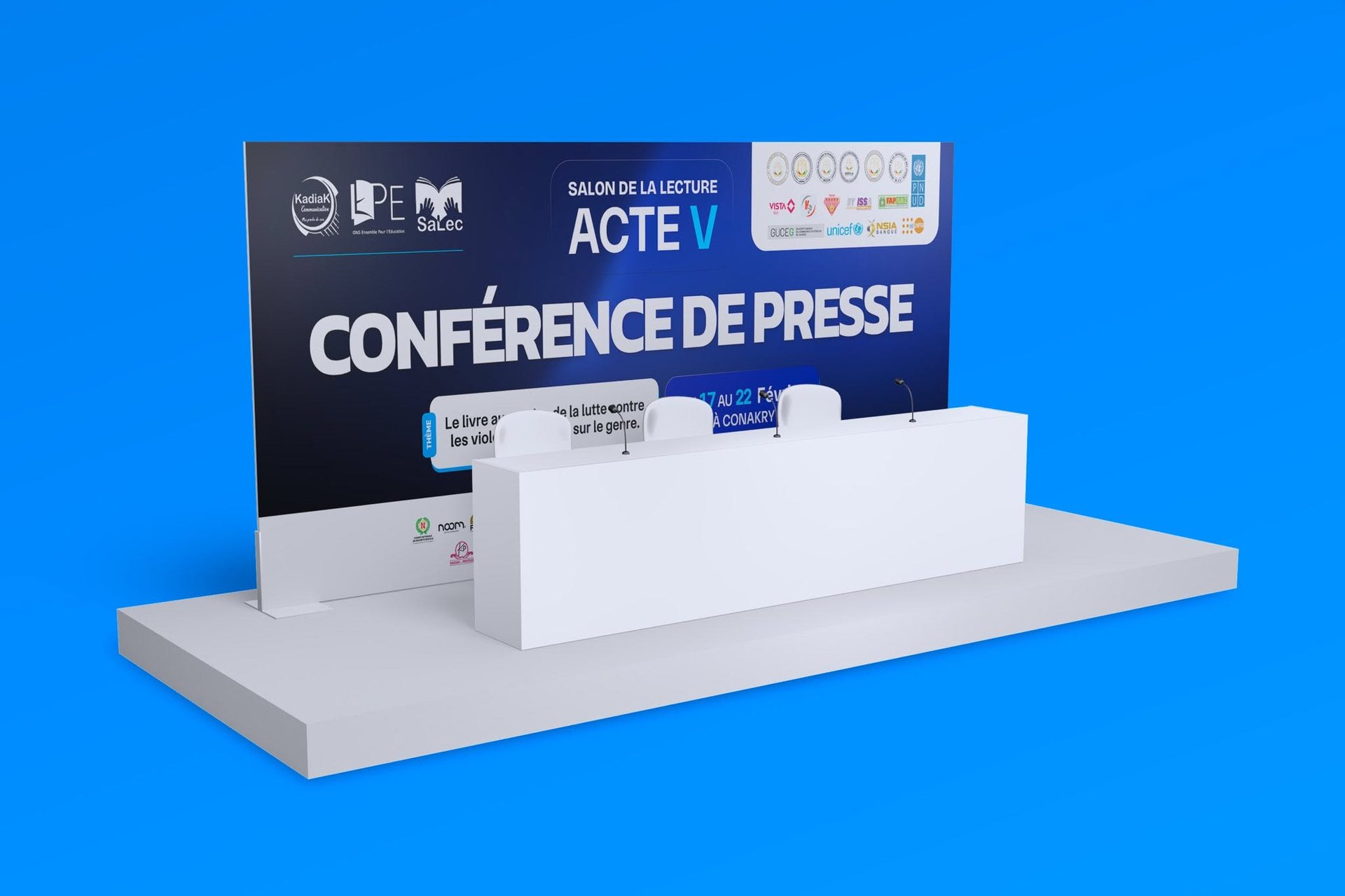 Event stage and press-conference backdrop concept created for the fifth edition of the Salon de la Lecture.