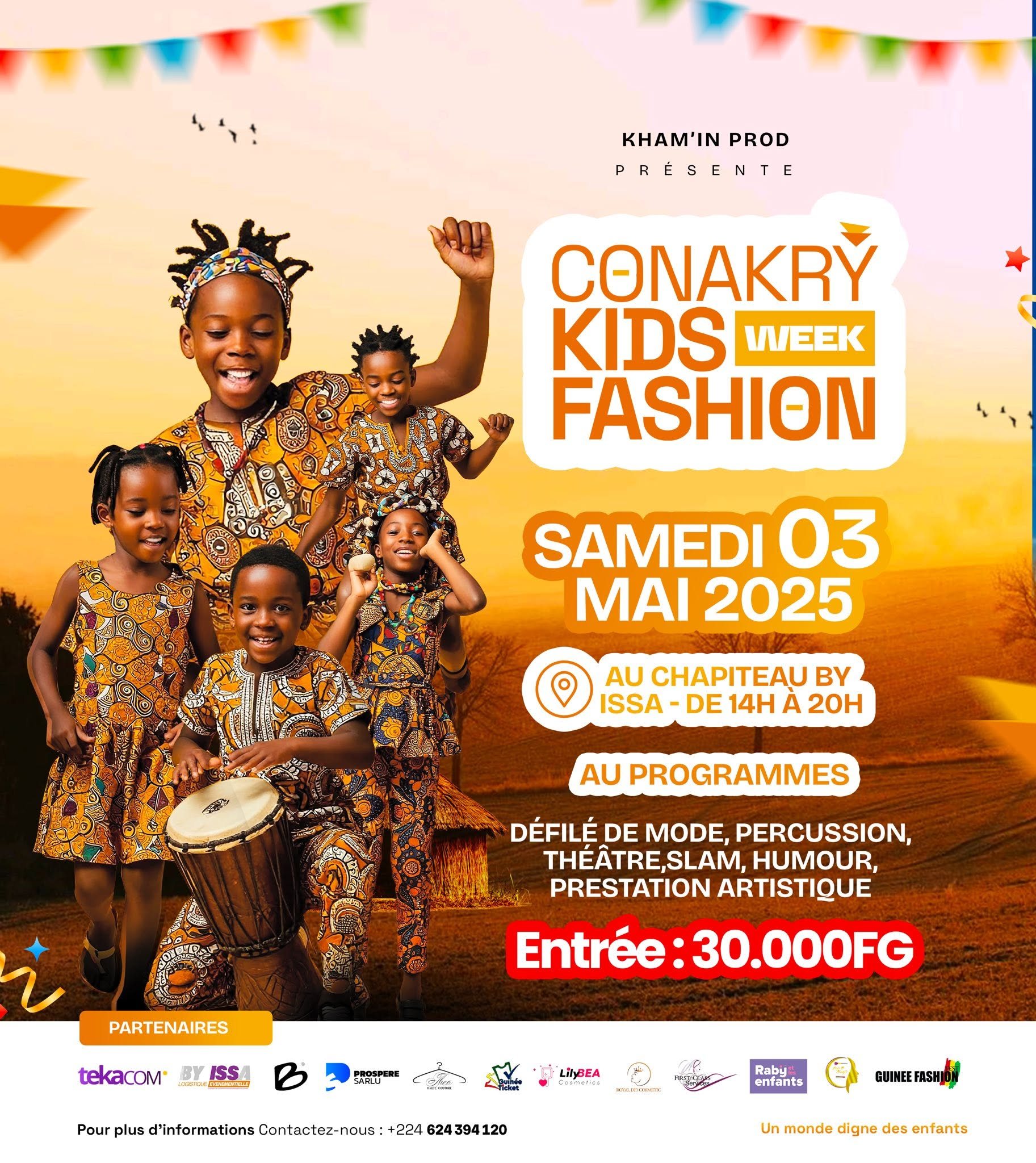 Event poster promoting Conakry Kids Fashion Week 2025, featuring children in African-inspired outfits and highlighting the fashion show, performances and family activities.