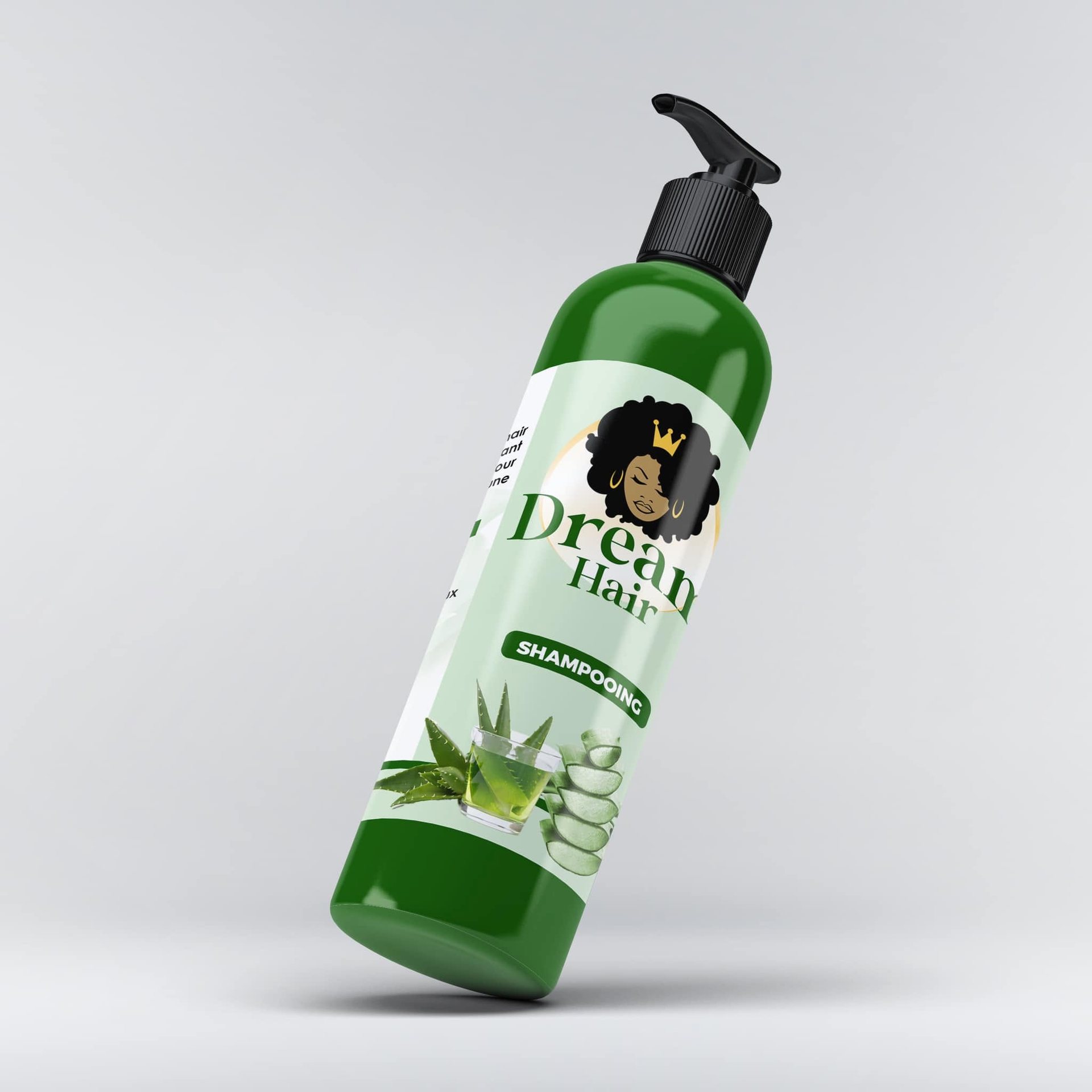 Product packaging and 3D mockup presentation for an aloe-vera-based shampoo, including label design and realistic bottle rendering.