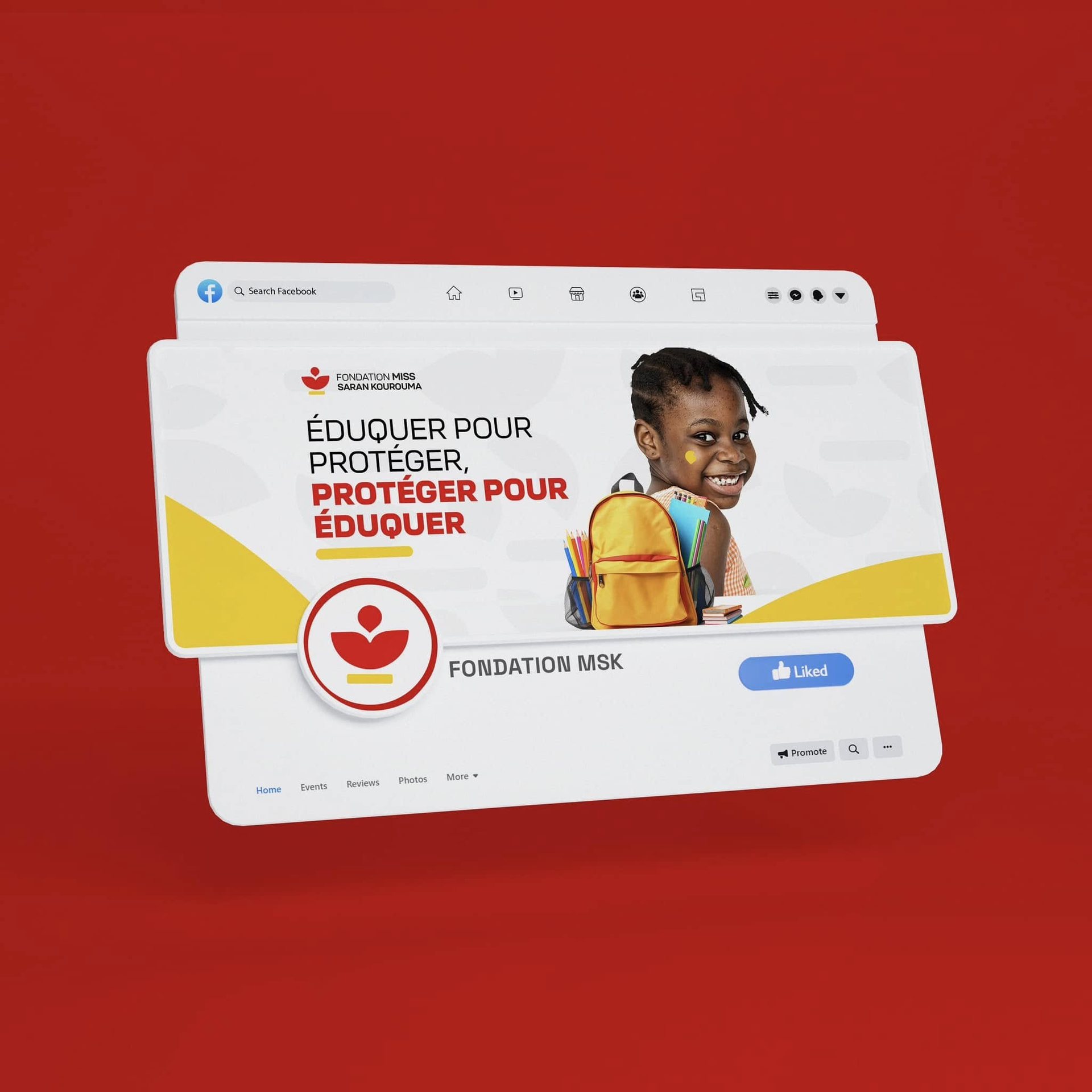 Facebook page branding mockup presenting a coordinated profile picture and cover image for an education and child-protection campaign.