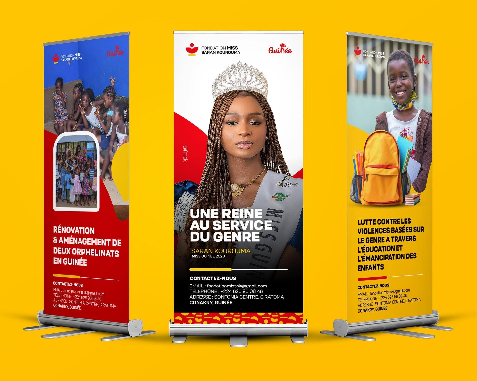 Design and presentation of a three-roll-up-banner communication package highlighting the foundation’s activities, social mission and ambassador.
