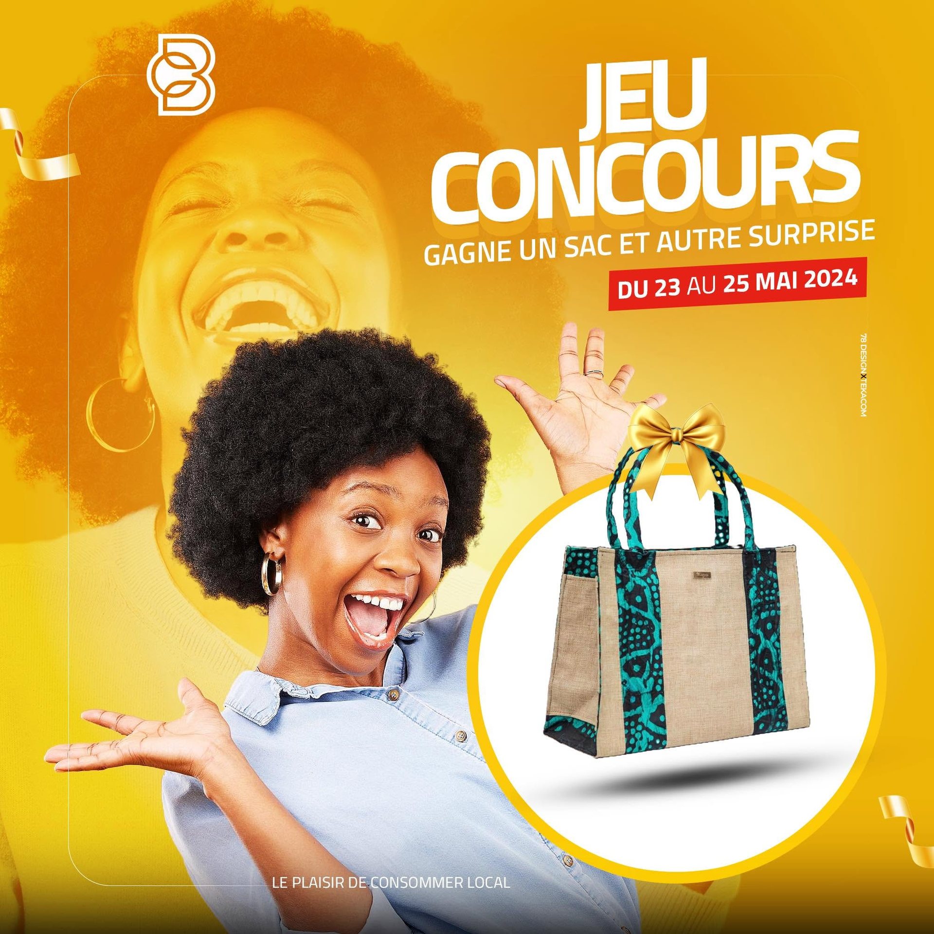 Bright promotional poster for a social media contest offering a locally produced bag and other prizes.