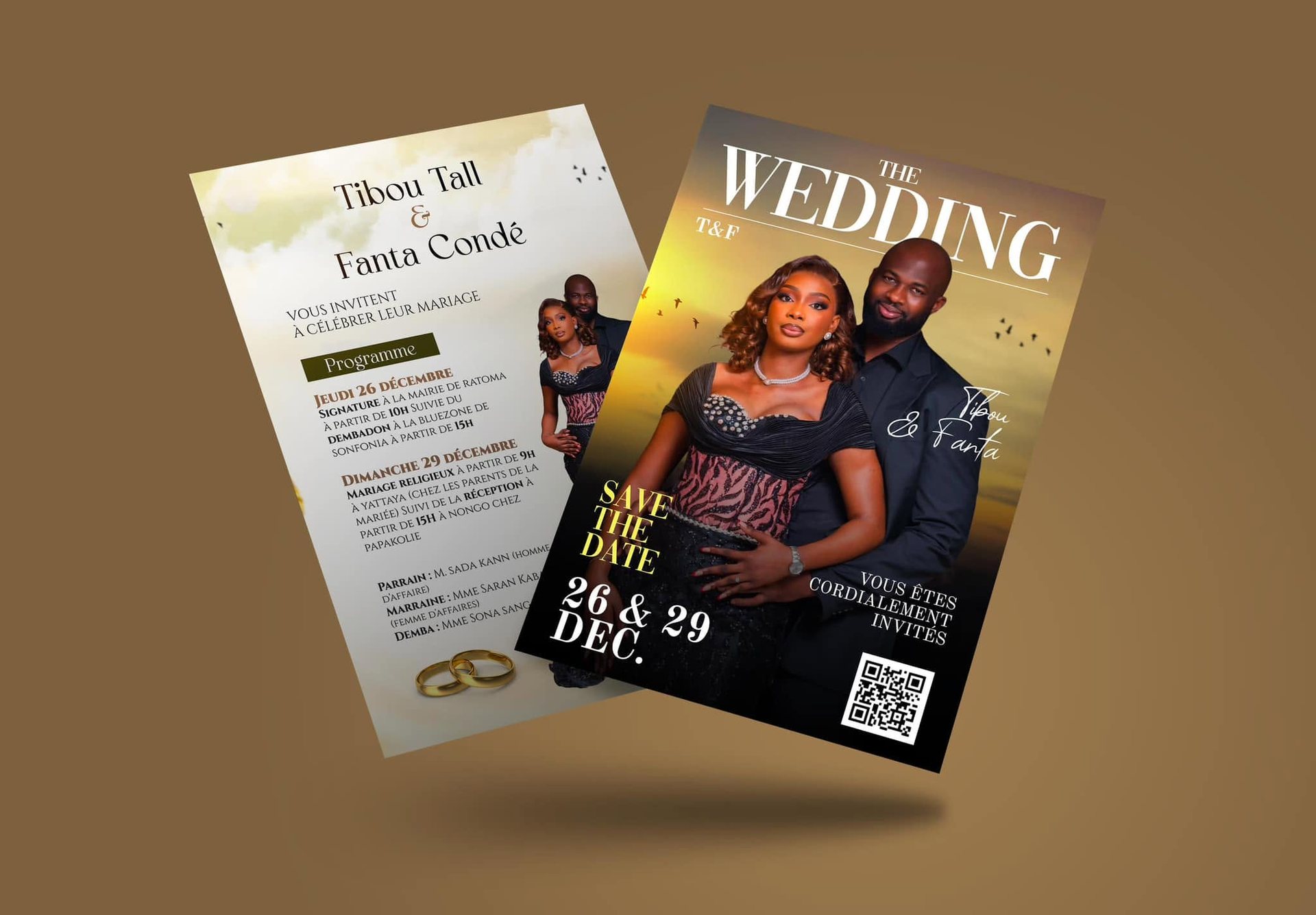 Premium wedding invitation and “Save the Date” design combining couple photography, event information and QR-code integration.