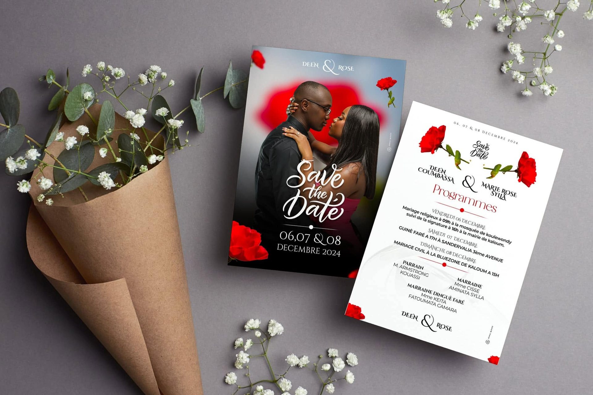 Wedding communication package featuring a romantic “Save the Date” card and a detailed ceremony programme.