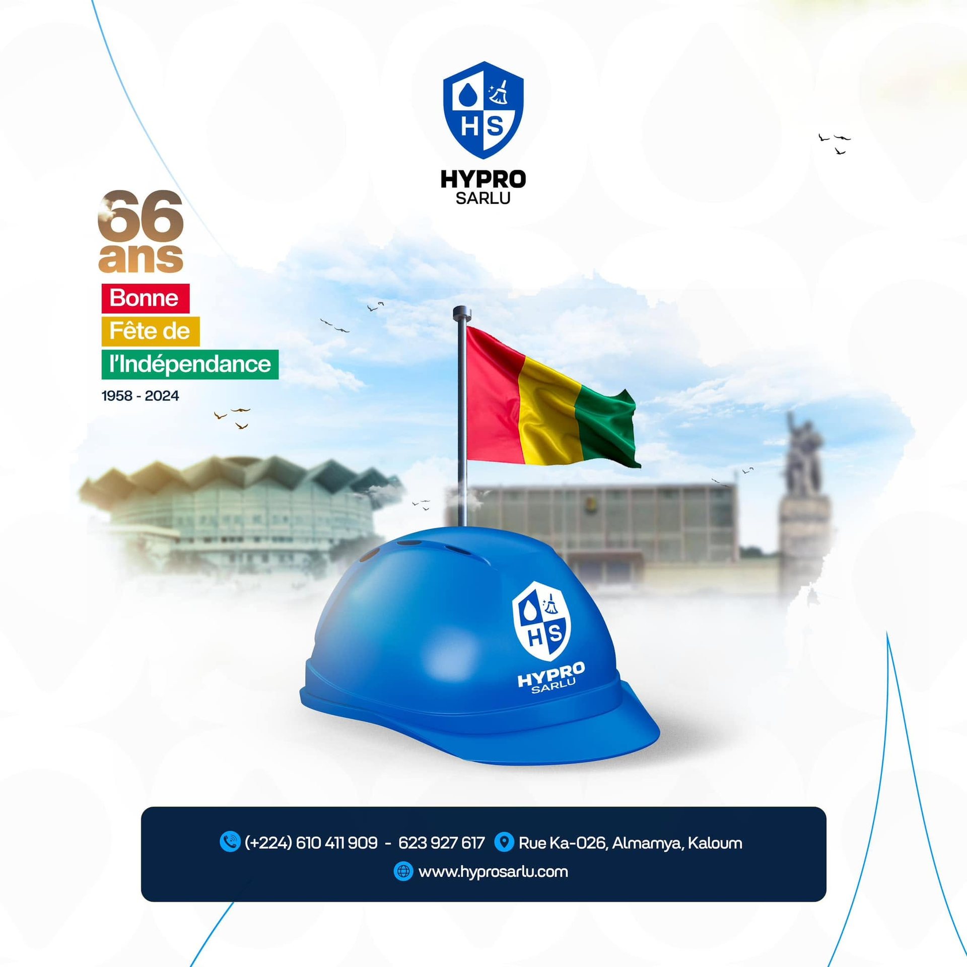 Corporate Independence Day greeting featuring the Guinean flag, national landmarks and a branded safety helmet.
