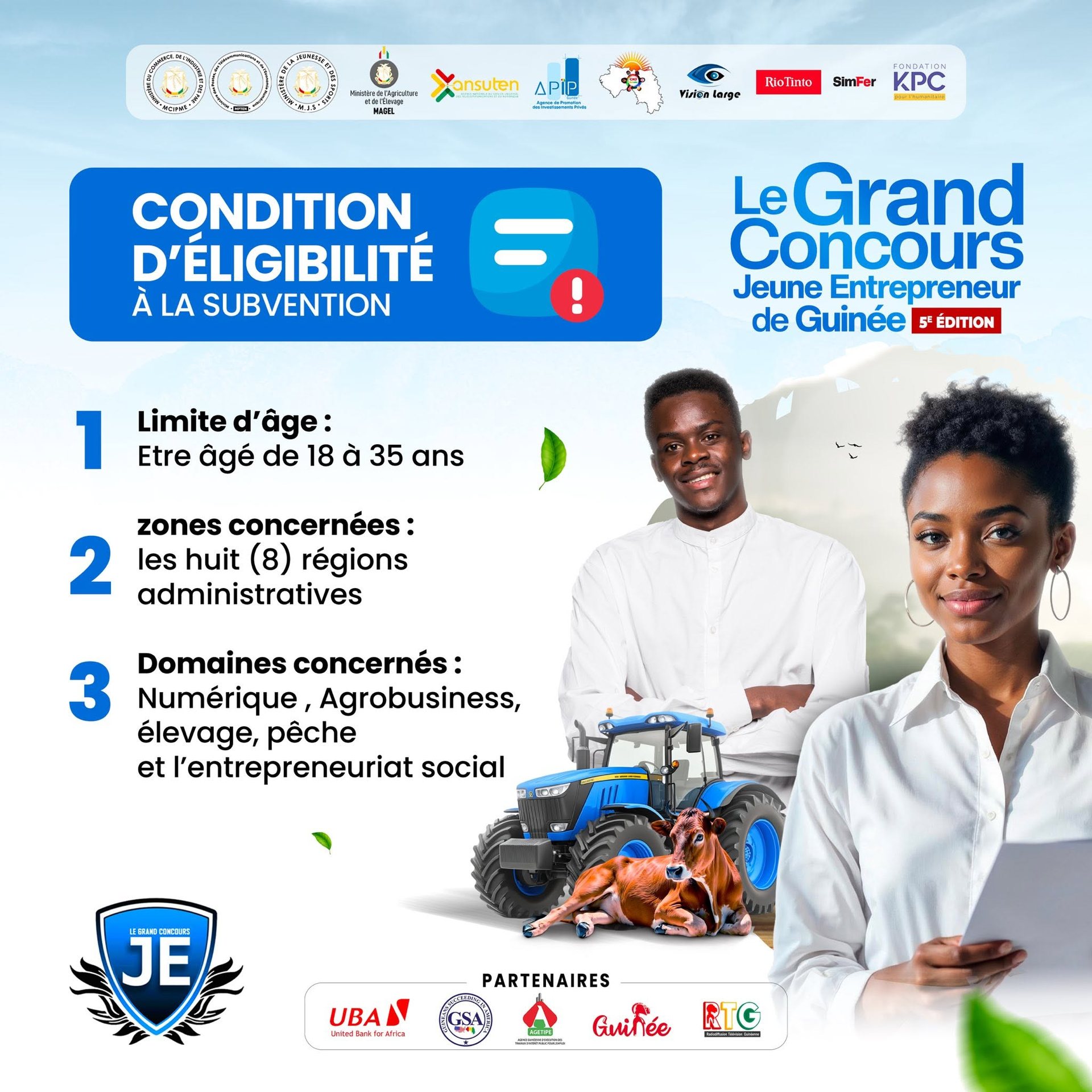Informational campaign visual presenting the eligibility requirements for a youth entrepreneurship grant, including age, geographical coverage and eligible business sectors.