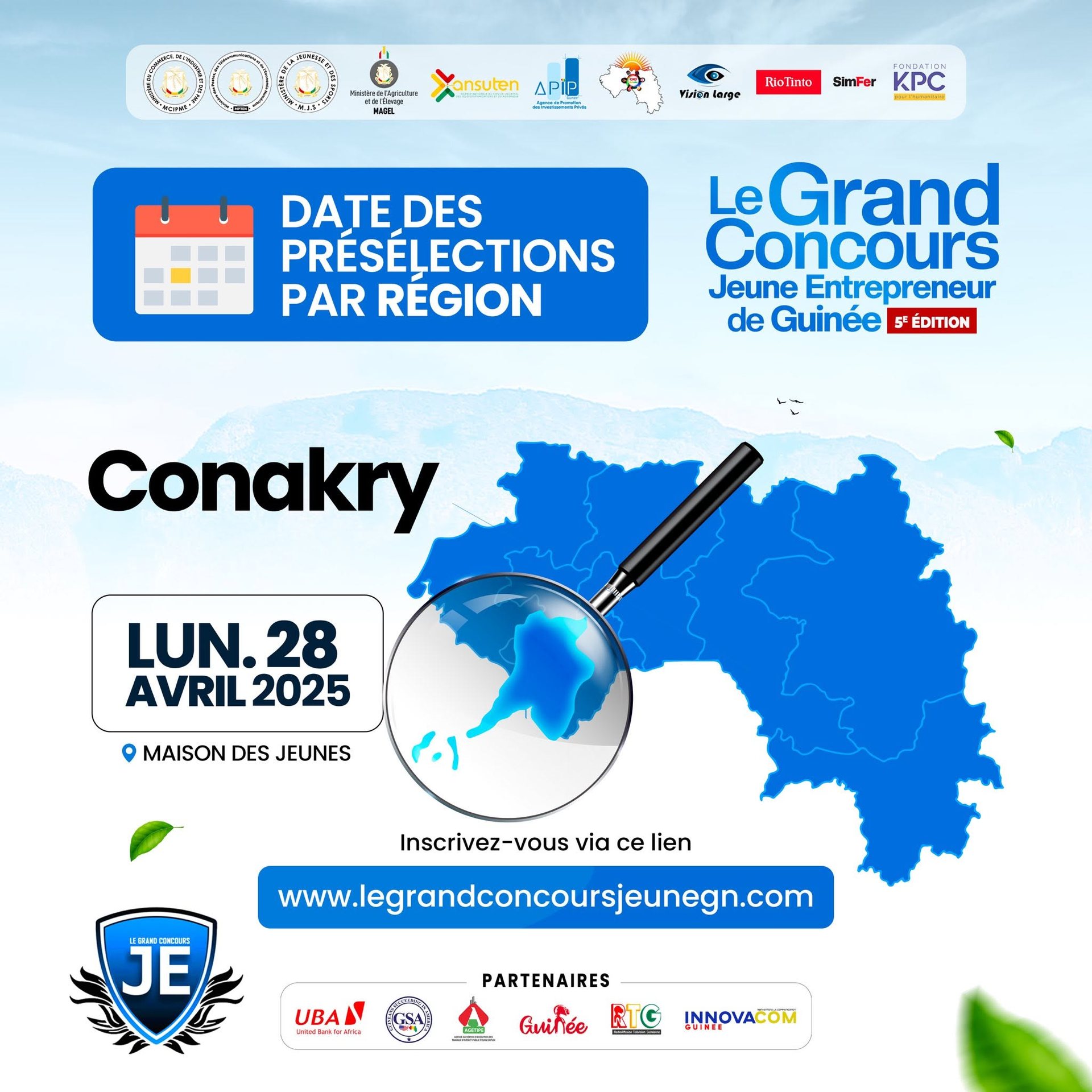 Regional preselection announcement for the fifth edition of the Grand Concours Jeune Entrepreneur de Guinée, presenting the Conakry date, venue and registration information.