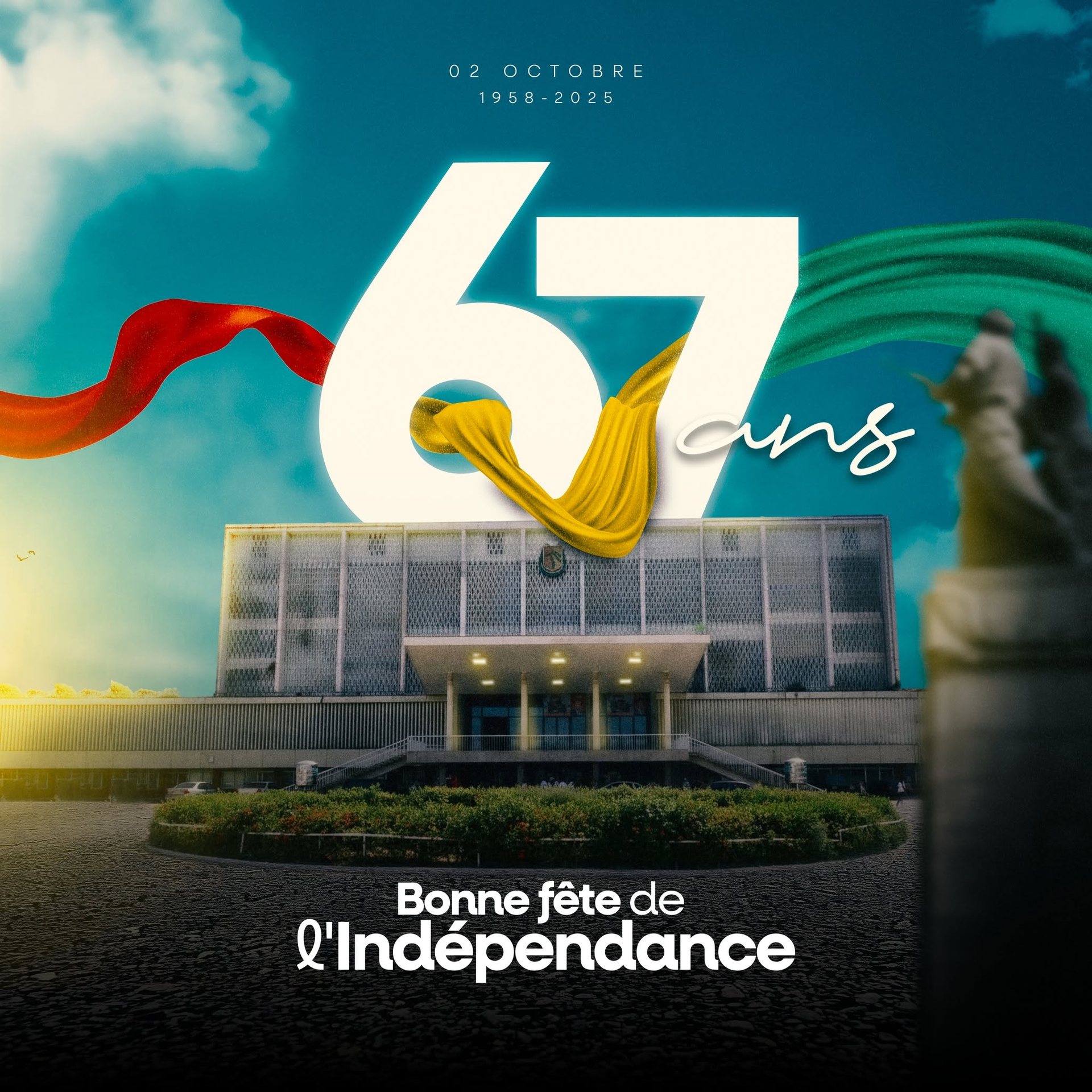Patriotic commemorative artwork celebrating Guinea’s 67th Independence Day, featuring the Palais du Peuple, national colours and a contemporary visual composition.