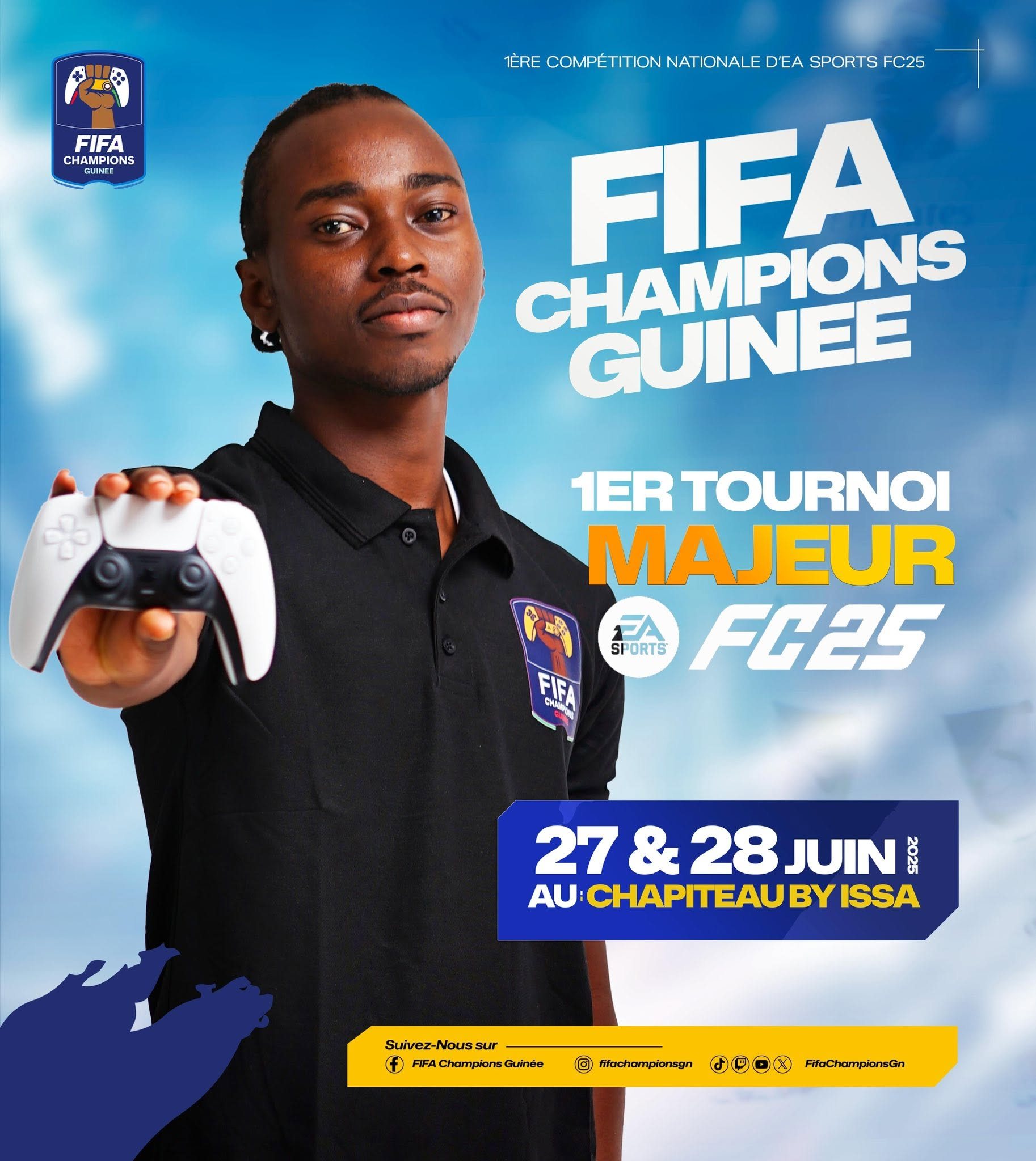 Promotional poster for Guinea’s first national EA Sports FC 25 competition, featuring tournament branding, a gaming ambassador and event details.