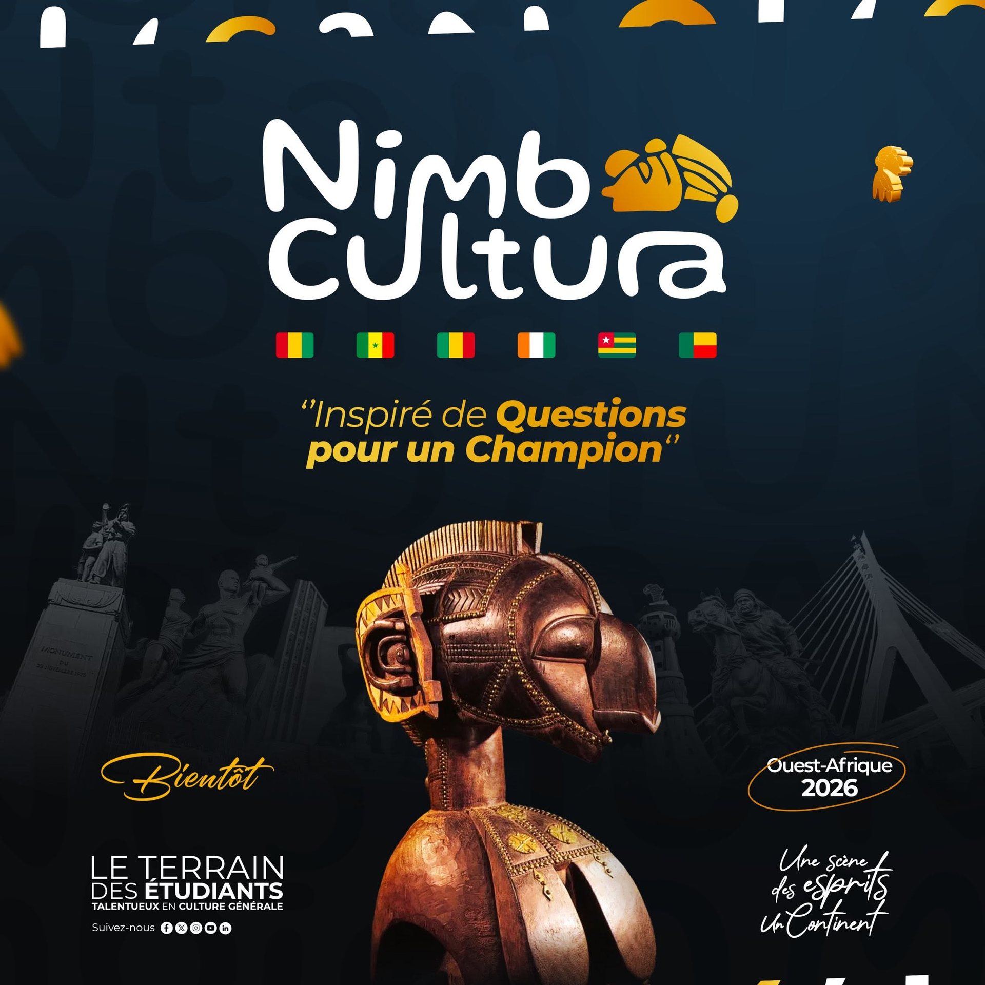 Branding and launch poster for a West African general knowledge television competition inspired by “Questions pour un Champion,” highlighting regional culture and academic talent.